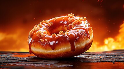 Caramel Glazed Donut with Crumble on Dark Surface Against Fiery Background
