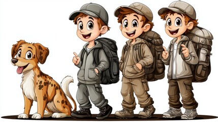 Cartoon Boys in Gray and Brown Outfits with Backpacks and a Dog Isolated on White