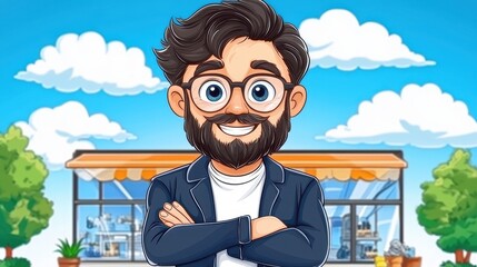 Cartoon Man with Curly Hair Smiles in Front of Store with Blue Sky Backdrop
