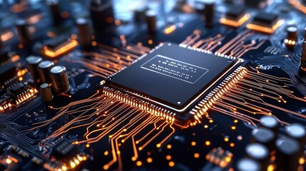 Central Processing Unit on Circuit Board Glowing Pathways and High Tech Detail