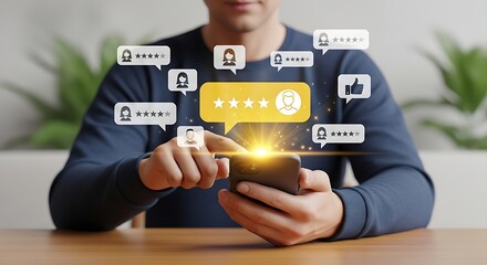 Man taps glowing phone golden stars shimmer Customer feedback bubbles float indicating positive reviews with radiating