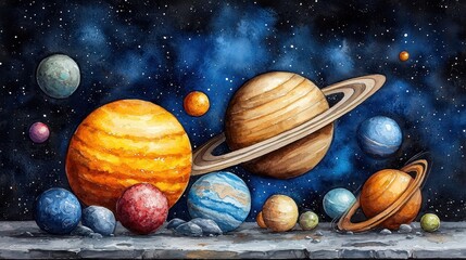 Celestial Watercolor Planets in a Dark Space