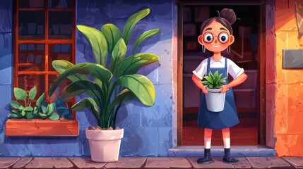Charming Illustration of Young Woman with Potted Plants on Blue Brick Street
