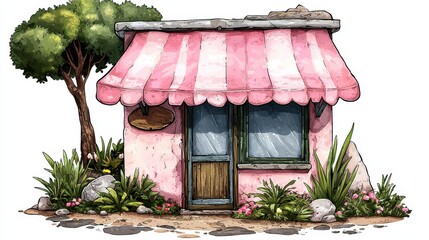 Charming Pink Shop Illustration with Striped Awning