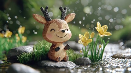 Charming Plush Deer Toy in a Lush Green Meadow with Yellow Wildflowers near Clear Water