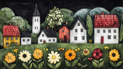 Charming Village at Night with Sunflowers