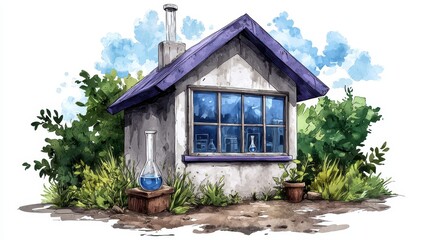 Charming Watercolor Cottage with Purple Roof Surrounded by Lush Greenery and a Science Flask