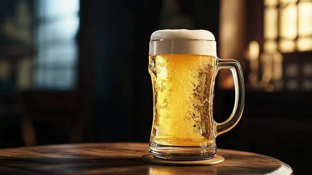 Refreshing mug of beer resting on wooden table in cozy pub - Powered by Adobe