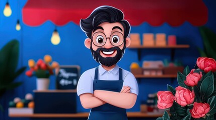 Cheerful 3D Man with Beard and Glasses Stands in Front of Florist Shop
