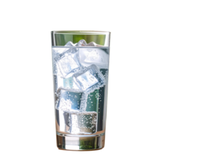 Sparkling water with ice in a tall glass.