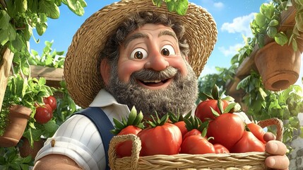 Cheerful Bearded Man in Straw Hat Holding Ripe Tomatoes in Lush Garden CGI Image
