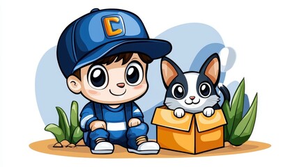 Cheerful Cartoon Boy and Kitten in Box