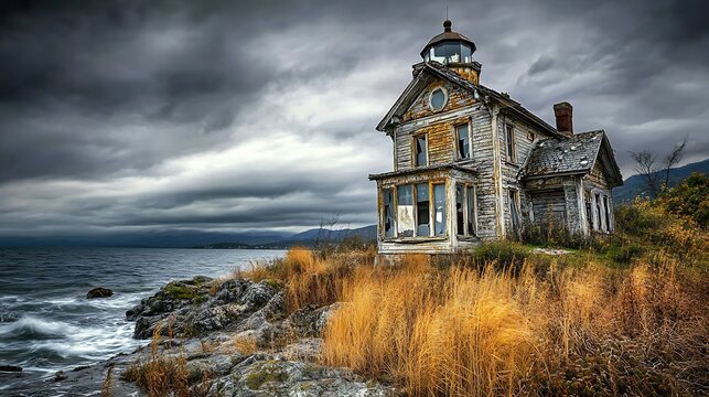 Weathered Lighthouse on a Rocky Coast Under a Dramatic Sky
