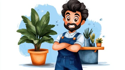 Cheerful Cartoon Gardener Amidst Lush Potted Plants