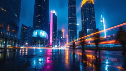A dynamic cityscape at night with towering skyscrapers