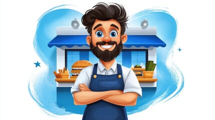 Cheerful Cartoon Man in Blue Apron at Food Stand Illustration with Burgers and Hotdogs