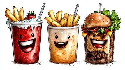 Cheerful Cartoon Trio Featuring Burger Fries and Strawberry Soda on White Background