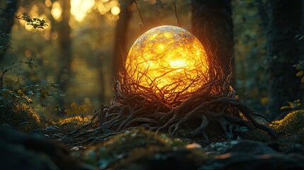 Glowing roots surrounding egg in forest | stock photo, fantasy concept, magical nature, surreal light