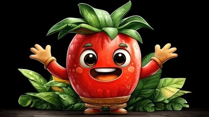 Cheerful Red Cartoon Strawberry Character in Lush Green Foliage