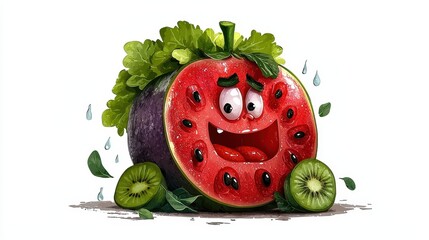 Cheerful Sliced Watermelon with Funny Face and Kiwi Pixel Art Design on White