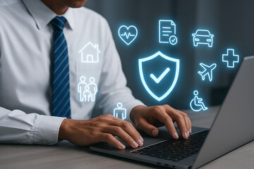 Typing businessman with insurance icons of house health family car airplane file and protection shield highlighting security safety solutions in modern digital services