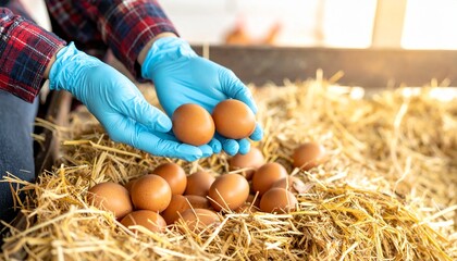 Hands gently collecting fresh brown chicken eggs from farm coop in natural light