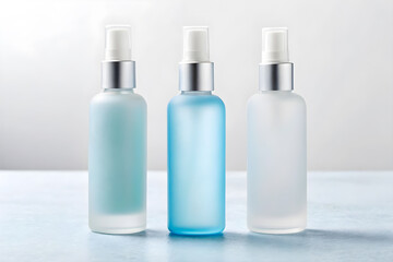 Three frosted spray bottles stand together, perfect for skincare, aromatherapy, or displaying cosmetic product mockups.