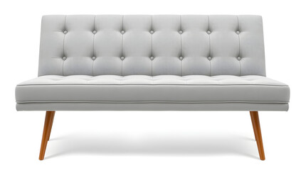 Modern gray sofa with tufted back and wooden legs on white background