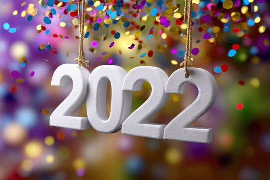 White 2022 numerals hang against a colorful confetti background suspended by string