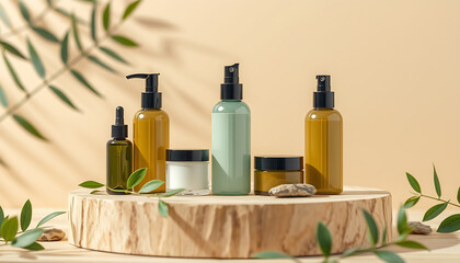 Assorted cosmetic bottles and jars on a wooden platform with leaves