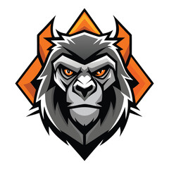 A fierce gorilla with glowing orange eyes stares intently framed by orange geometric design