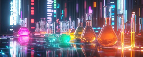 A holographic representation of chemical structures and glass beakers filled