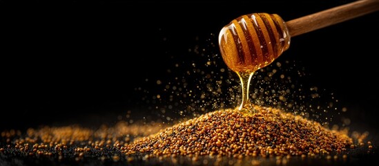 Honey pouring over seeds with golden sparkles on black background.  Close-up of honey dripping over colorful seeds with golden bokeh and black backdrop