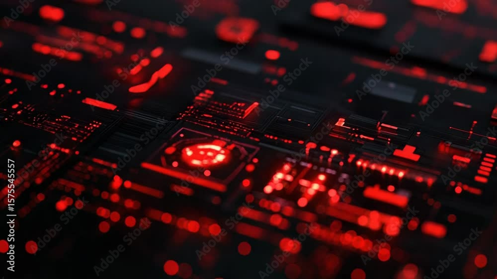 Poster futuristic circuit board pulsating with red lights and data flow