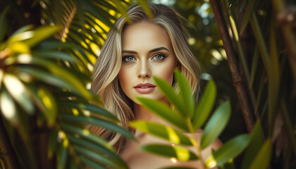 Blonde Woman with Green Eyes Surrounded by Tropical Foliage