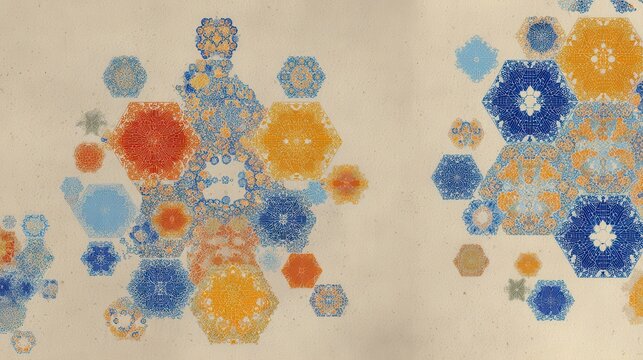 A complex pattern of intricate, repeating hexagonal shapes in various colors.