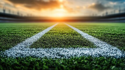 Green soccer field with white chalk lines and grass texture, sports background with stadium outdoor atmosphere