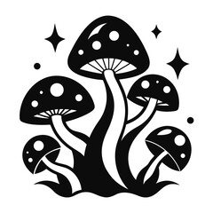 Black and white illustration of a cluster of spotted mushrooms and stars