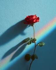 Single red rose casting shadow with rainbow light on blue wall.  Minimalistic photo of a red rose with dramatic shadow and rainbow reflection on pastel blue background