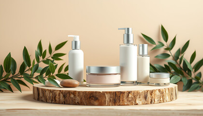 Cosmetic Product Display with Natural Elements on Wooden Platform