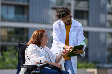 Doctor showing documents to smiling woman in wheelchair outdoors - wheelchair and disability concept