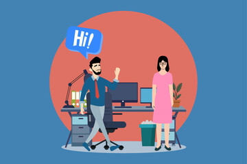 Flat vector illustration of a man greeting a woman in a modern office setting. Suitable for workplace communication, onboarding, teamwork, coworker interaction, and business concepts.