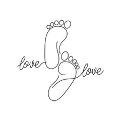 Baby feet illustration with love text in continuous line drawing style perfect for baby shower invitations and nursery decor projects design