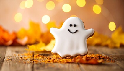 Smiling ghost cookie on rustic autumn setup, surrounded by fairy lights and fall leaves
