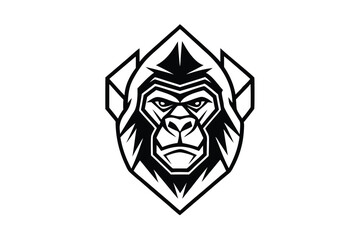 Geometric gorilla head stares intensely in black and white stylized format