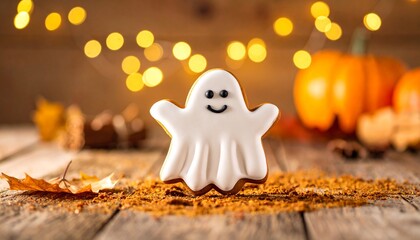 Adorable ghost-shaped sugar cookie with happy face icing, set on a rustic wooden table with warm fairy lights and pumpkins in the background