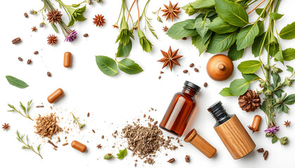 Herbal Medicine Arrangement with Bottles Capsules and Botanical Elements