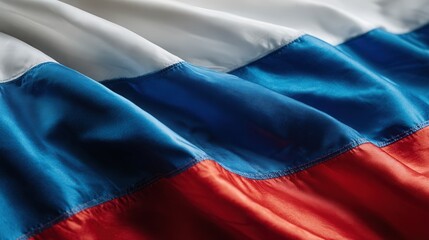 Close-up of Russian flag fabric waving with soft folds.  Detailed shot of Russian national flag with visible texture and smooth waving folds