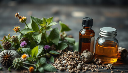 Herbal Remedy Still Life with Flowers Leaves Roots and Oils