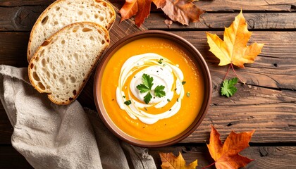 Vibrant and Tempting pumpkin soup with sourdough bread on wooden table, a balanced concept autumn menu highlight